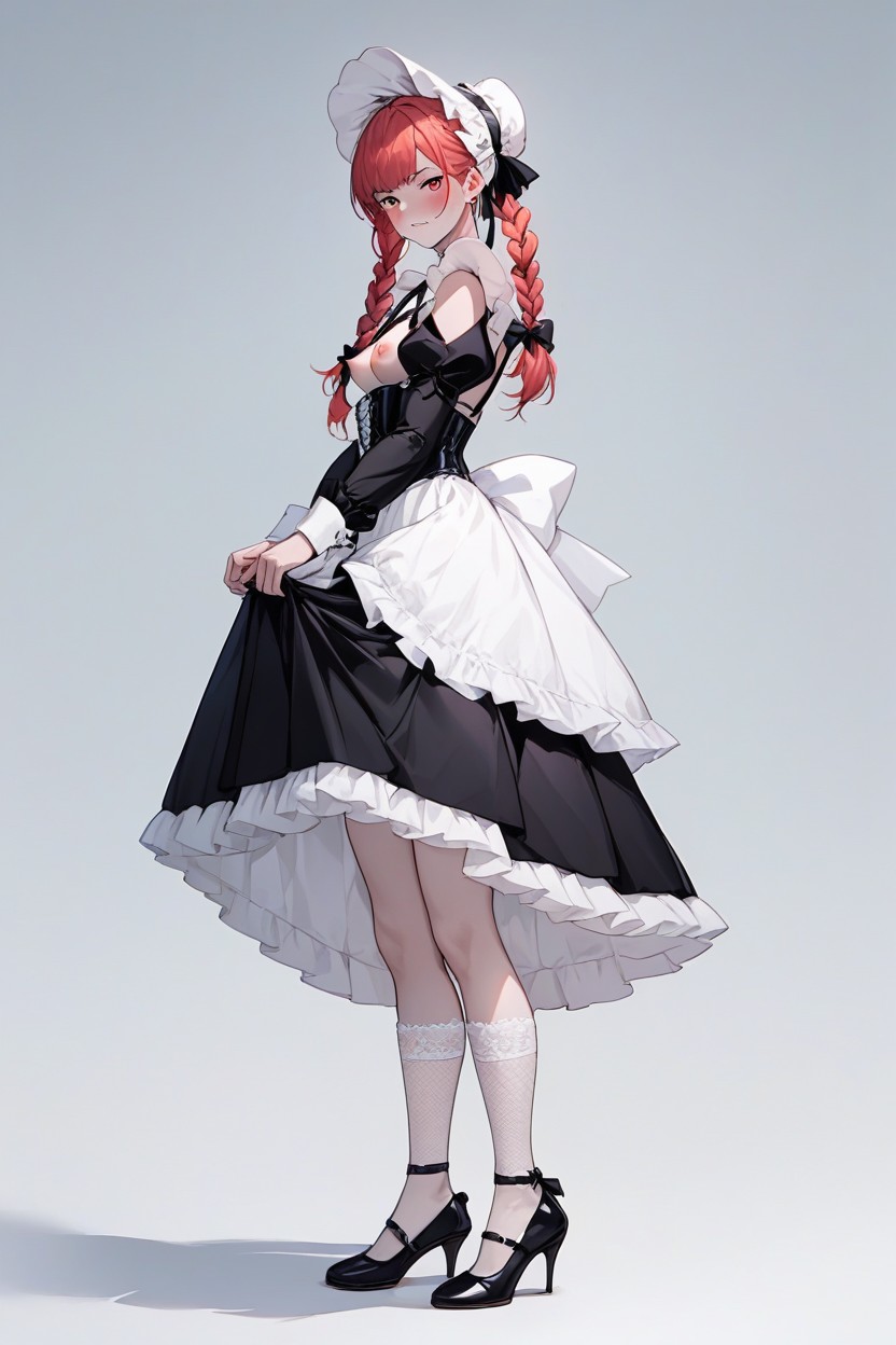 Black Layered Frills Long Skirt, Braided Twin Tails, White Lacy Stockings Hentai IA