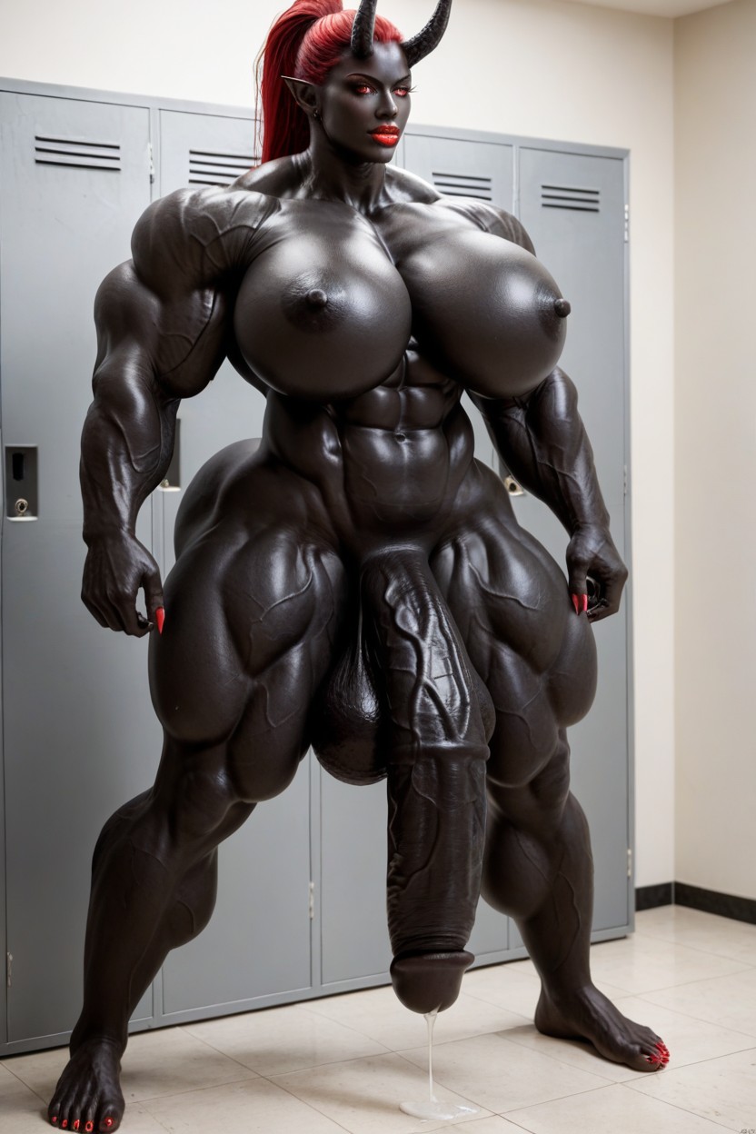 Exaggerated Massive Black Cock, Gigantic Muscle Trapez, Gigantic Shoulders Shemale AI Porn