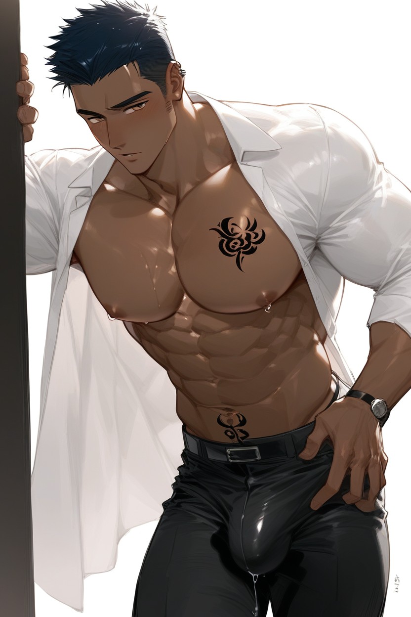 Shirtless And Athletic, Leaning Casually Against A Dark Wall, Warm Lighting ゲイAIポルノ