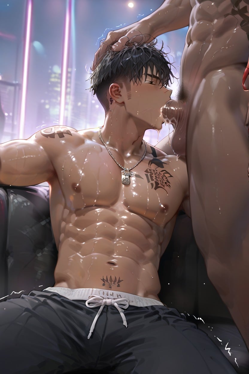 Silver Necklace, Tan Skin, Grin ゲイAIポルノ