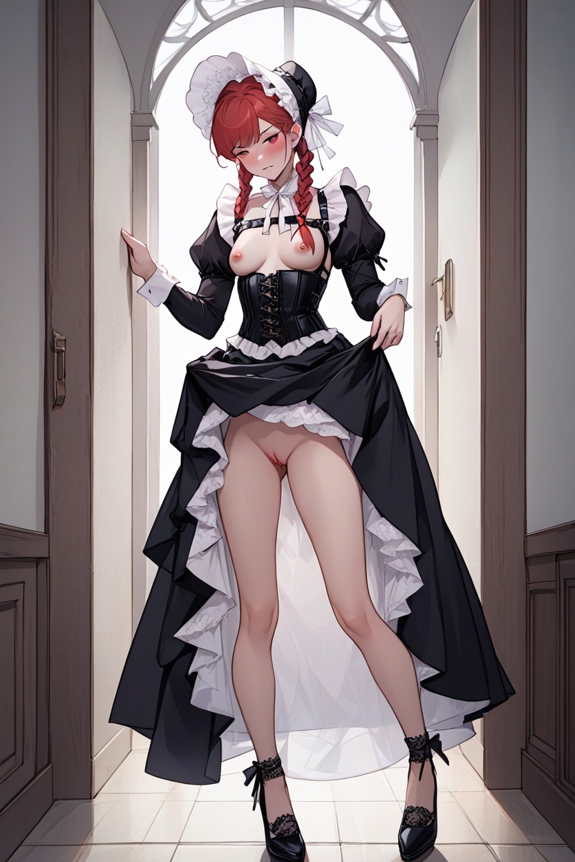 Mary Jane Shoes, Midi Knot Buns Hair, Exposed Breasts Hentai AI Porn