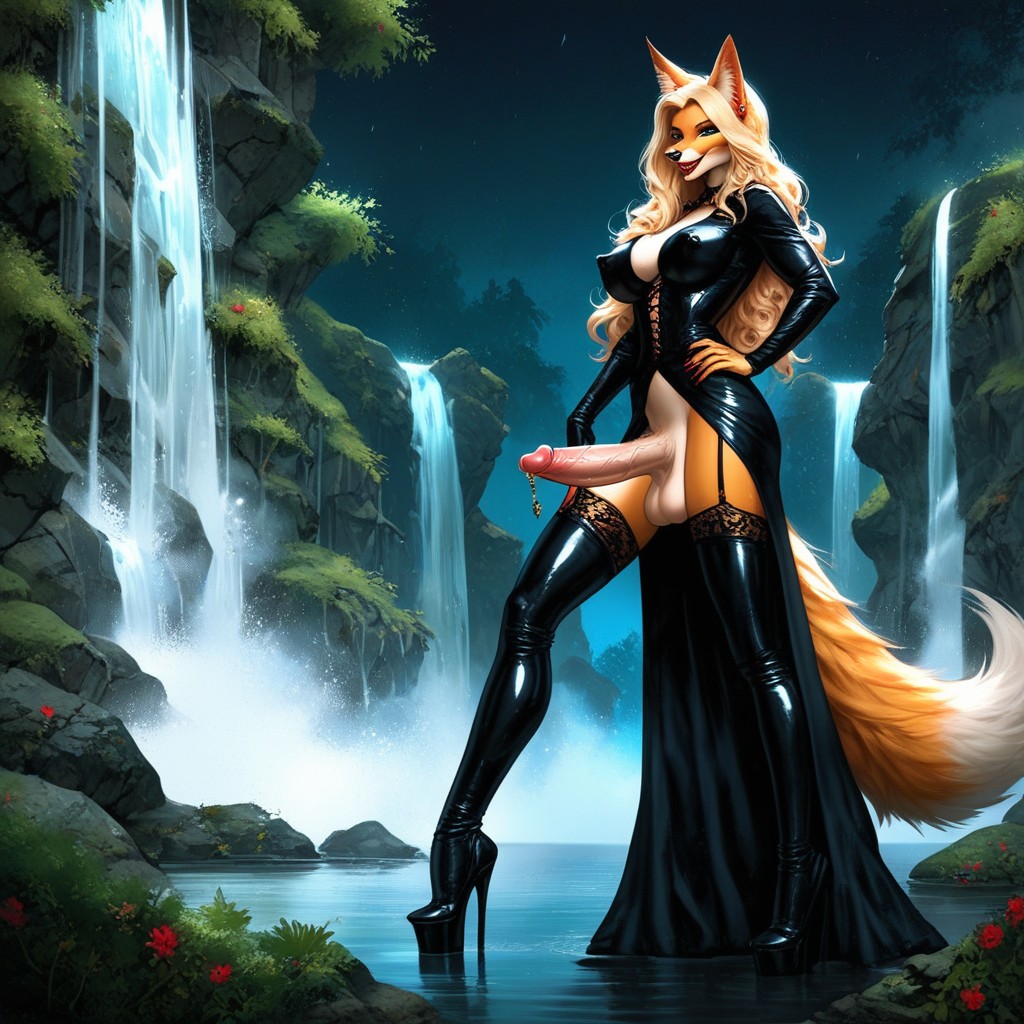 Waterfall, Futanari, Her Clitoris Is Her Cock Shemale AI Porn