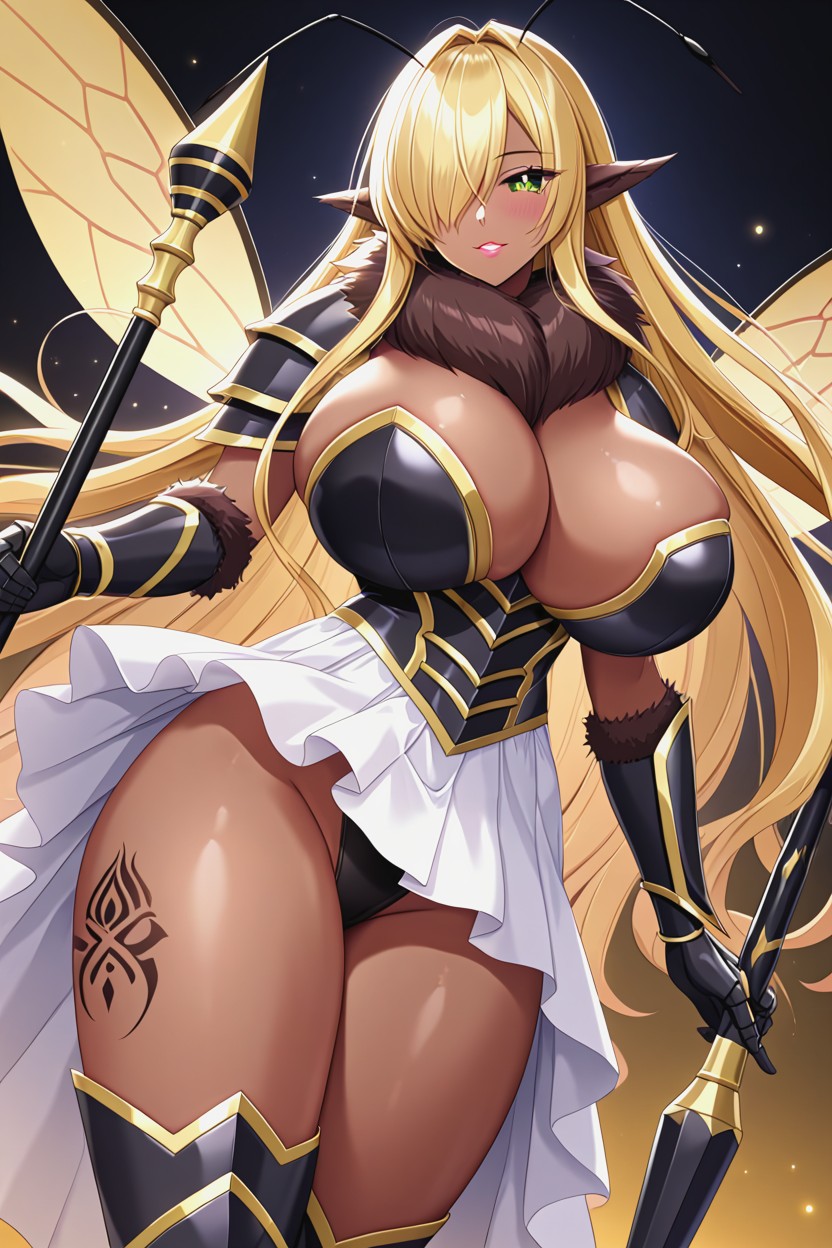 Golden Brown Skin, Absurdly Long Hair, White Side Split Skirt Furry AI Porn