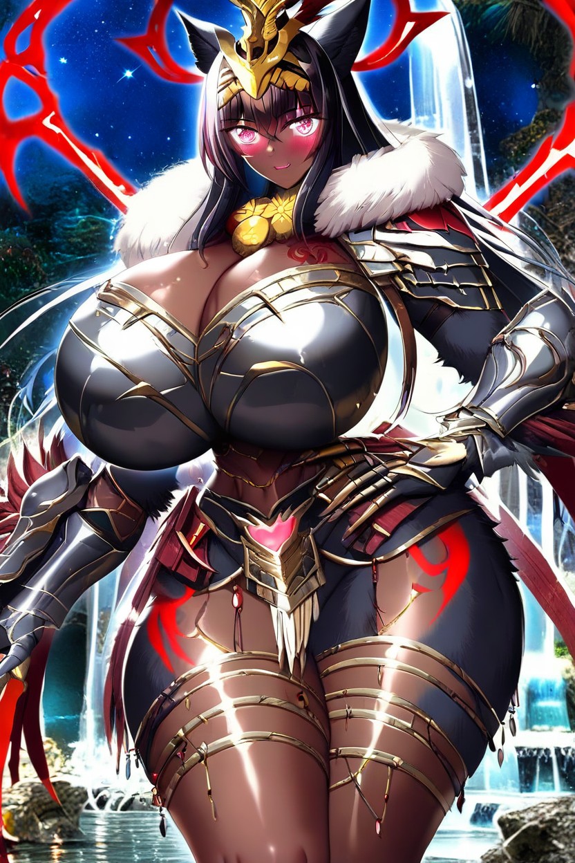 Huge Fluffy Black Fox Tail, Thick Thighs, Pink Eye Color Hentai AI Porn
