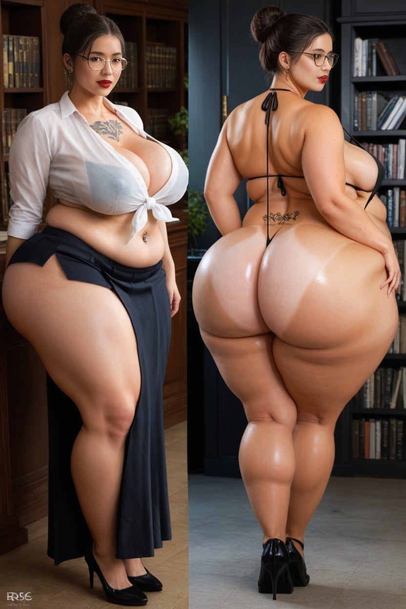Huge Rounded Glasses, Librarian Outfit, Hyper Big Forehead AI Porn