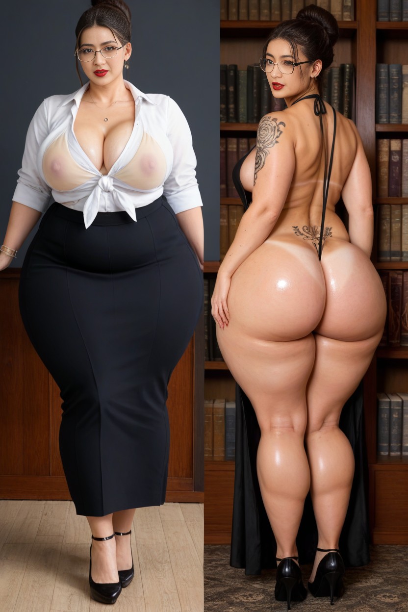 Bikini Tan Lines, Leg Fully Covered In Tattoos, Rounded Asian Face AI Porn