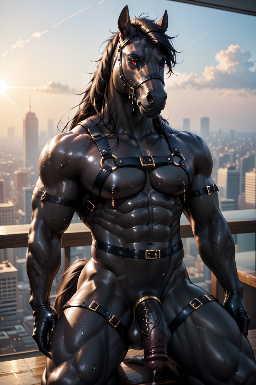Oiled Skin, Sideview, Equicock Furry AI Porn