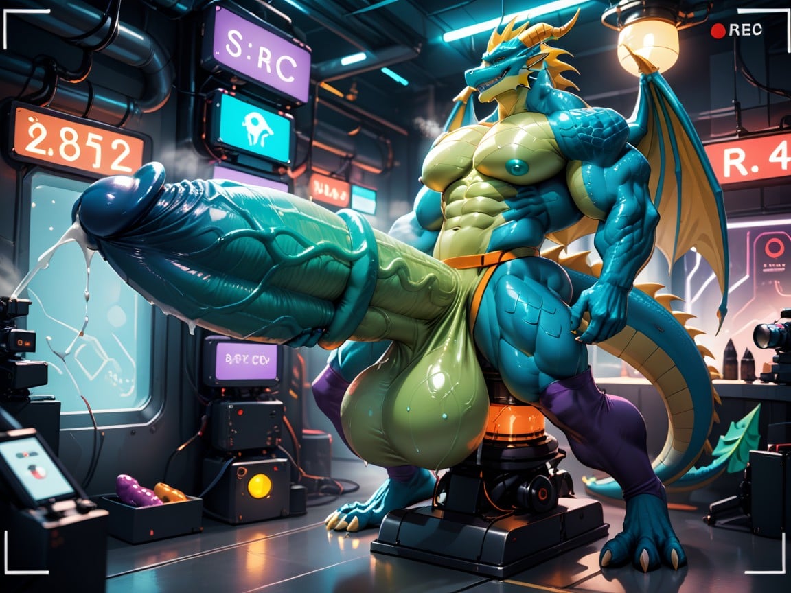 Mischievous Smile, Neon Lights, Hyper Cock Furry AI Porn