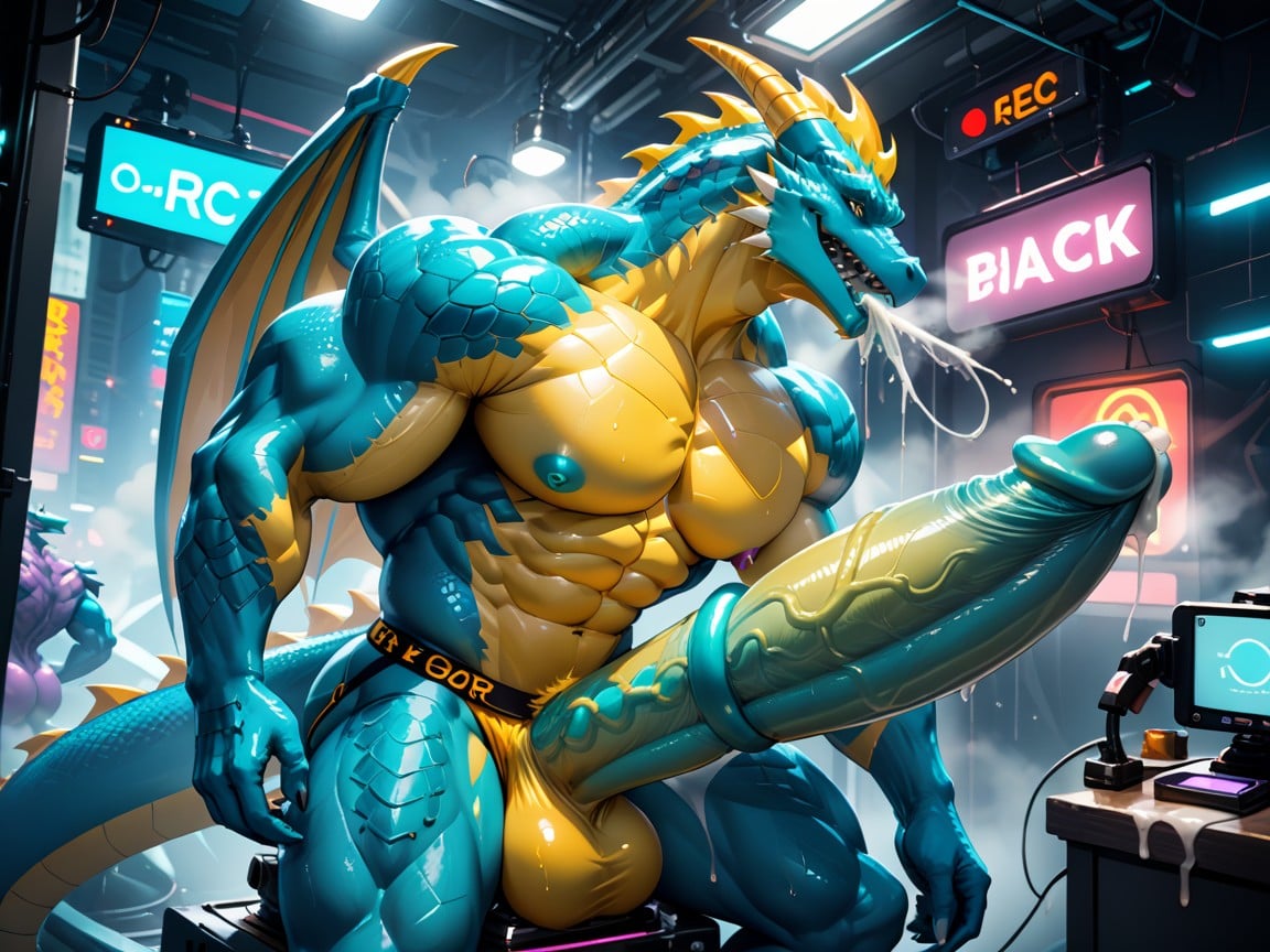 Turquoise Scales, Dildo Gangbang, Muscular Pecs Furry AI Porn