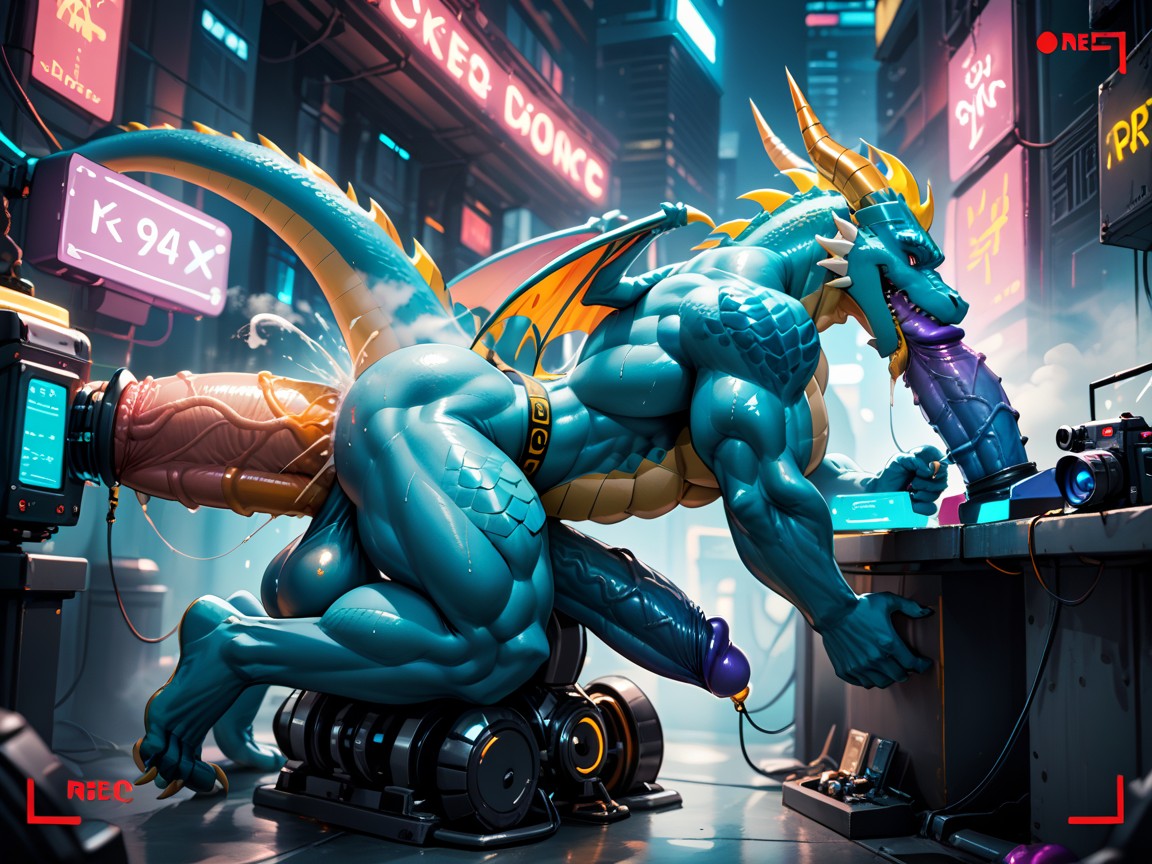 Dildo Gangbang, Neon Lights, Side View Furry AI Porn