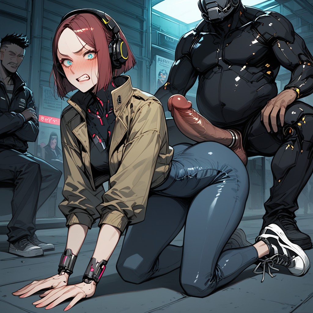 Interracial, Diagonally Curved Cock Flopping Shaft Extended Balls Saggy, Japanese Text Hologram Signs Hentai AI Porn