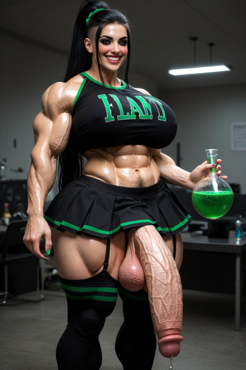 Hyper Wide Hips, 18+, Goth Hentai Cheerleader Outfit With Skirt ニューハーフAIポルノ