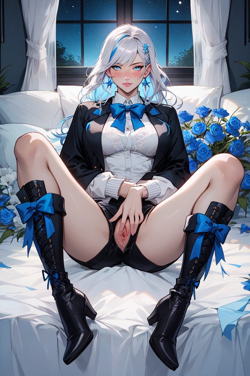 White Cardigan, Hourglass Body Type, Pale Skin Hentai IA