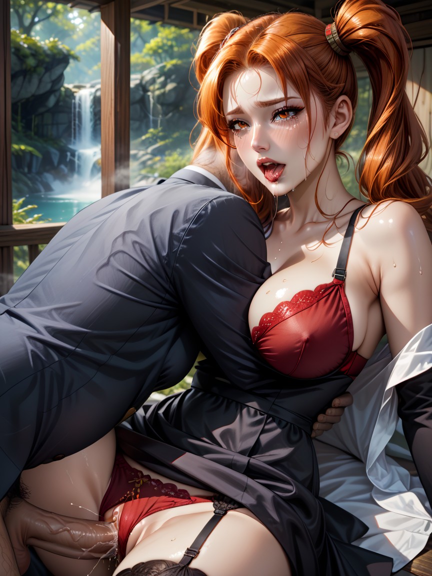 Wearing Red Bra Lift Up And Red Panties Pull Down Under Dress, Lying, Ultra High Res Hentai IA