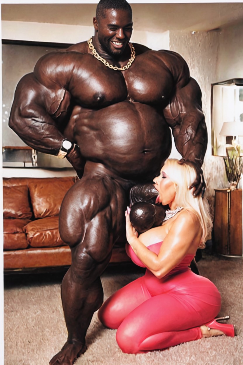Gigantic Black Male Muscle God With Enormous Fat Belly, Woman Sucking Balls, Black Man Smiling AI Porn