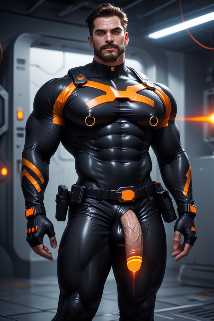 Model Pose, Octane Render, Black With Orange Trim Thong ゲイAIポルノ