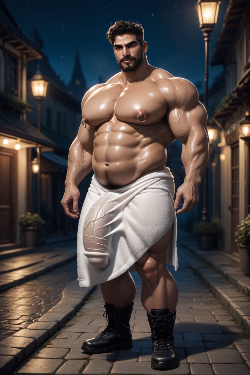 Huge Muscular, 薄暗い照明, Huge Veiny Cock Bulge ゲイAIポルノ