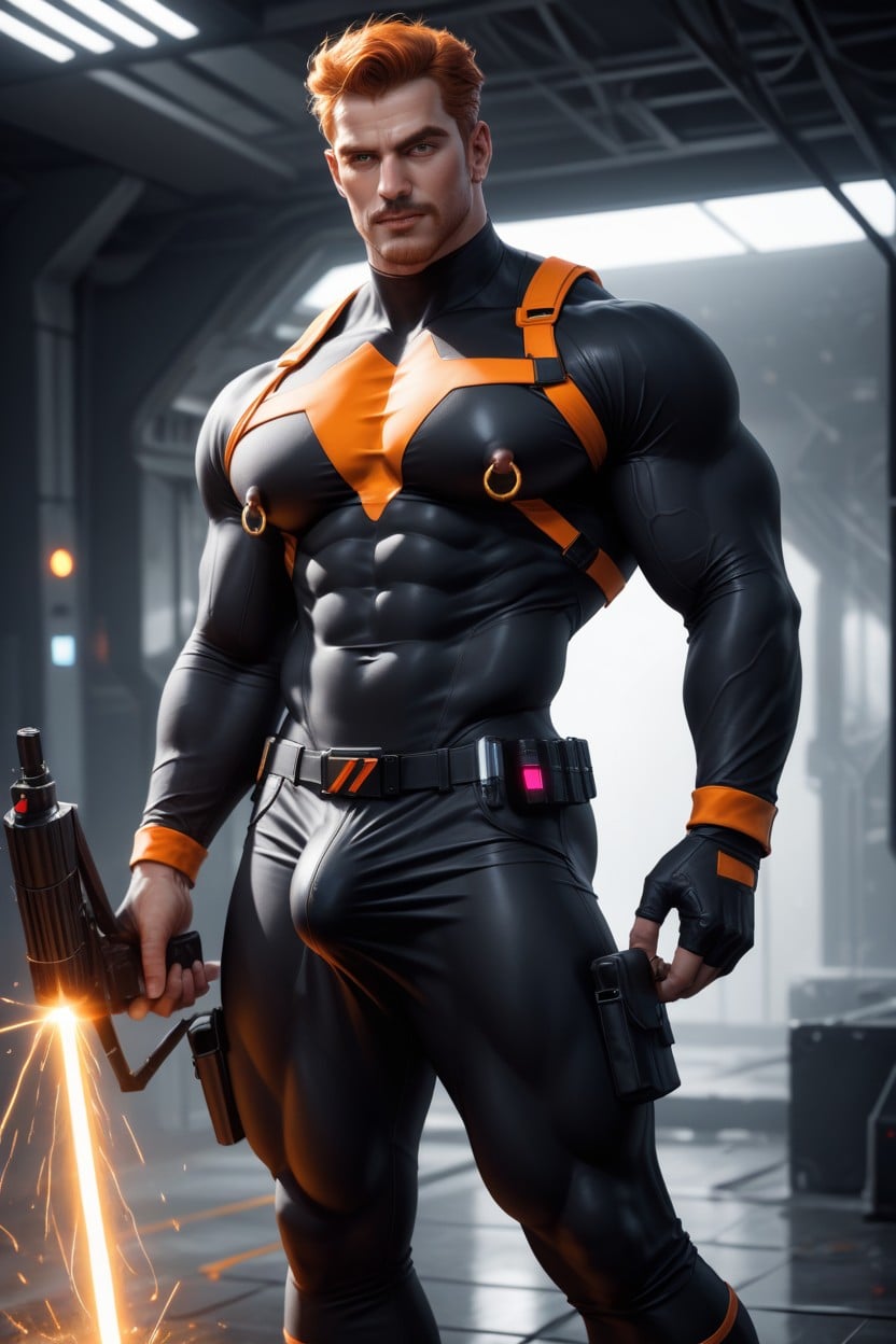 Gay, Black With Orange Trim Chest Harness, Photorealistic AI Gay Porn