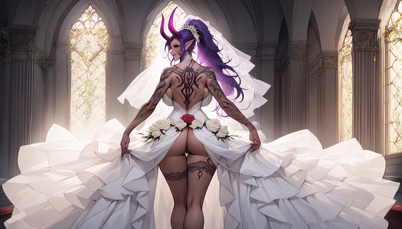 Bending Over, Inside Cathedral, Purple Pubic Hair Stripe AI Porn