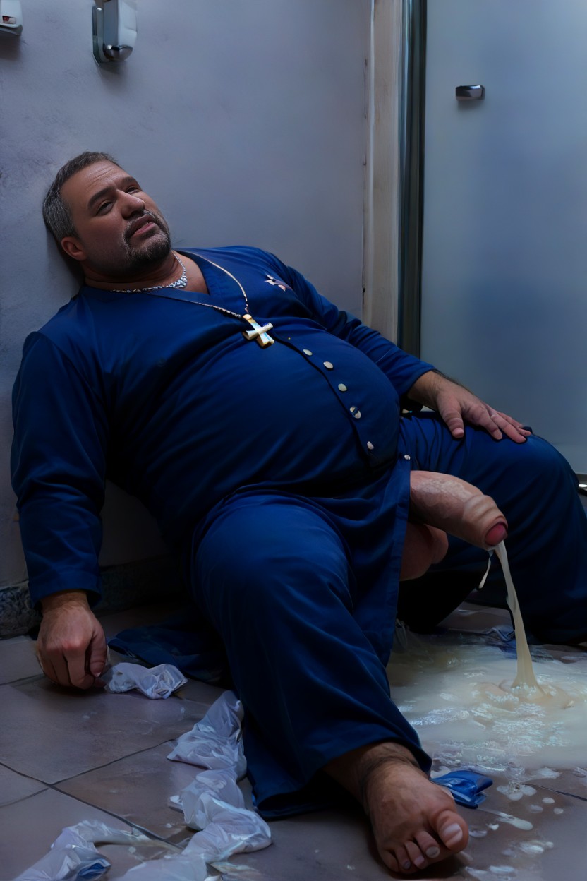 Obese, Flaccid Penis, Wearing Silver Cross Necklace AI Gay Porn