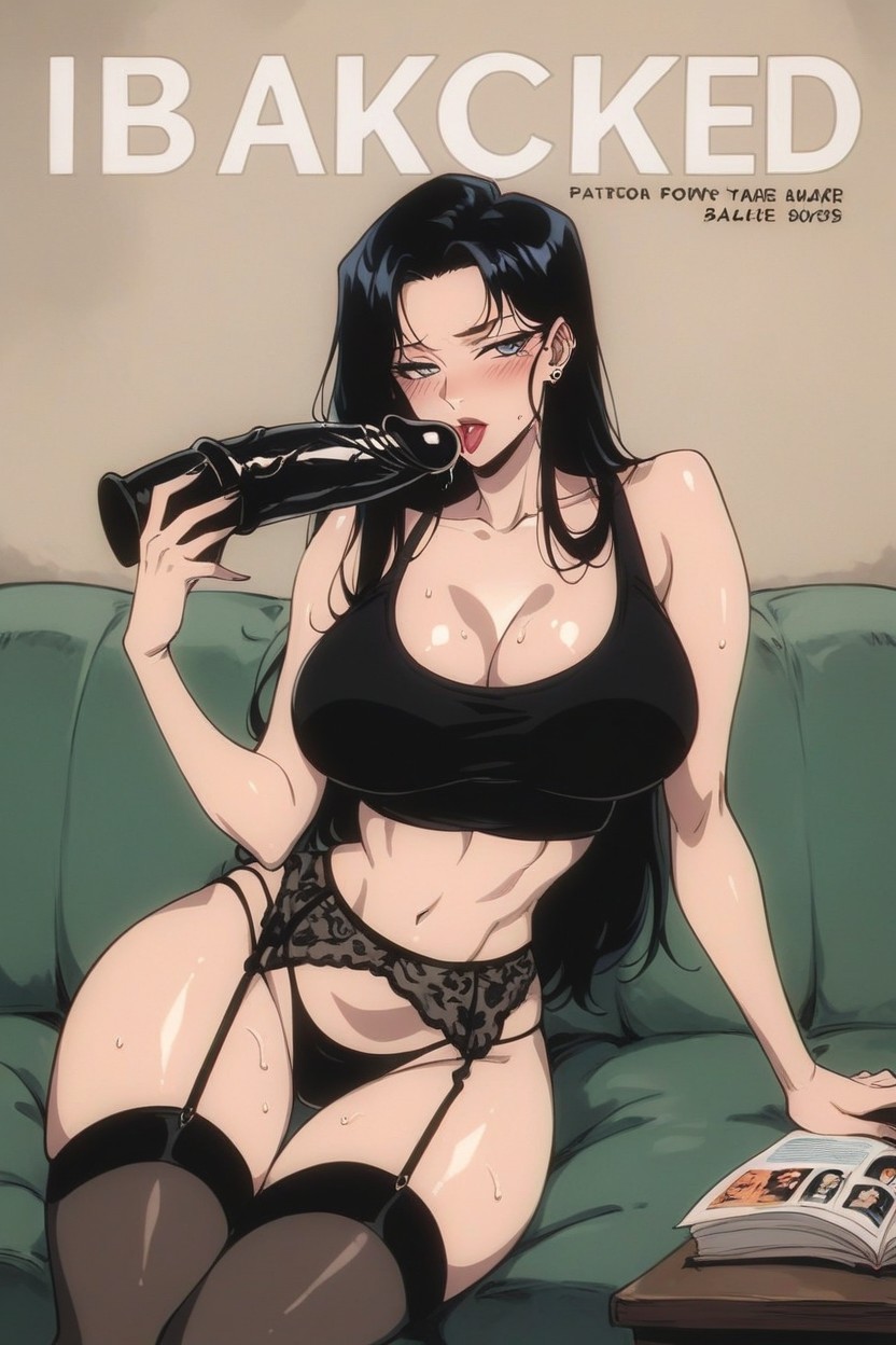 Black Bra, Black Stockings, Licking Massive Black Dildo Hentai AI Porn