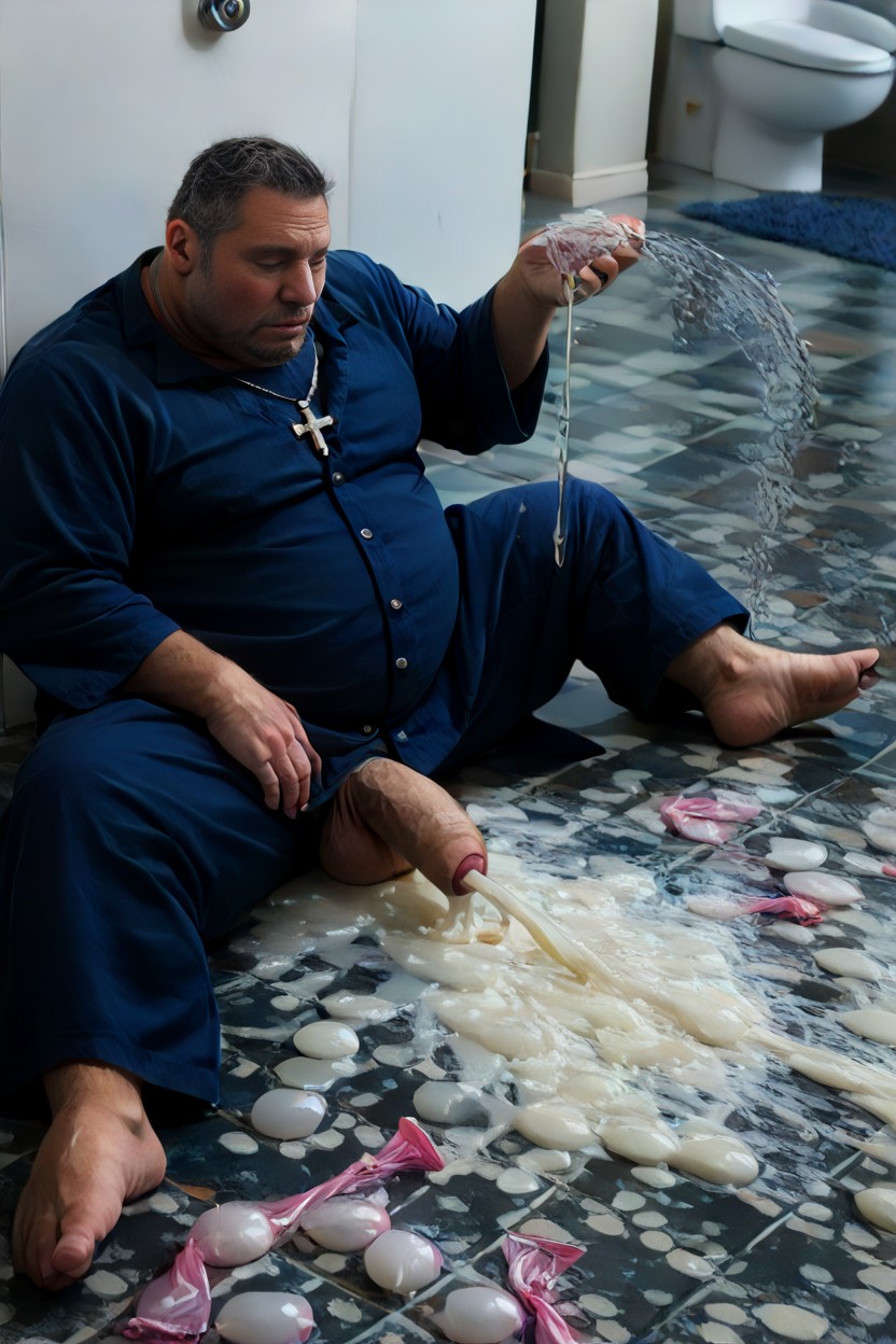 Many Used White Condoms On The Floor, Group Of Men With Mustache, Hyper Long Foreskin Foreskin Touching Floor AI Gay Porn