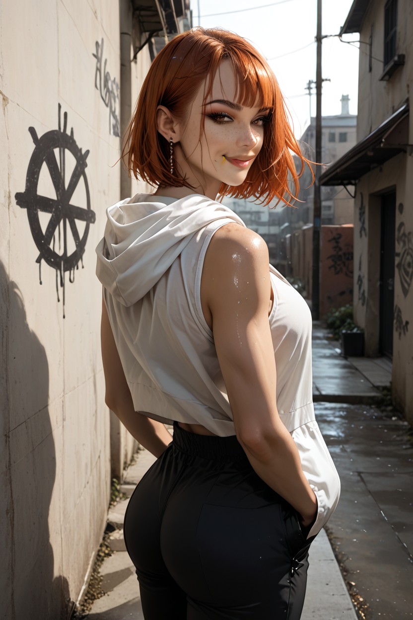 Hood On Head, Perfect Skin, Beautiful Ginger Haired Female AI Porn