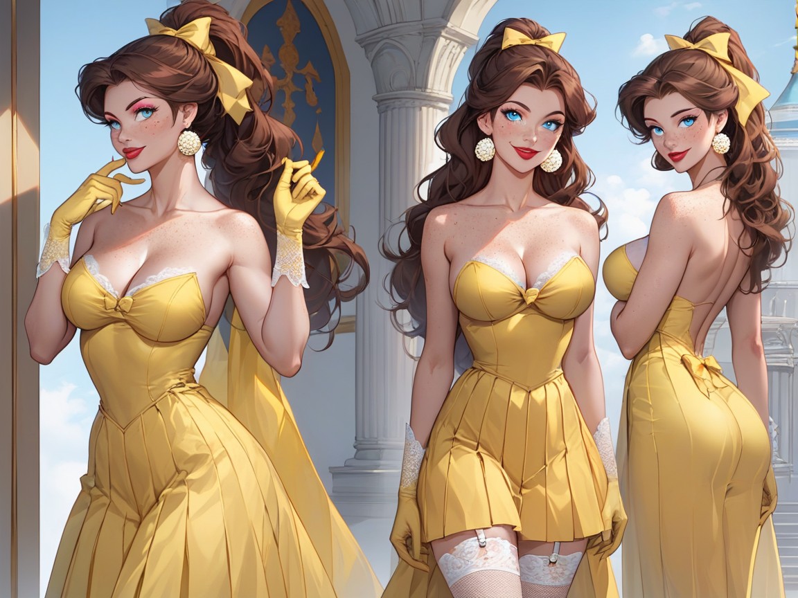 Brunette, Cute, Yellow Long Opera Gloves Hentai AI Porn