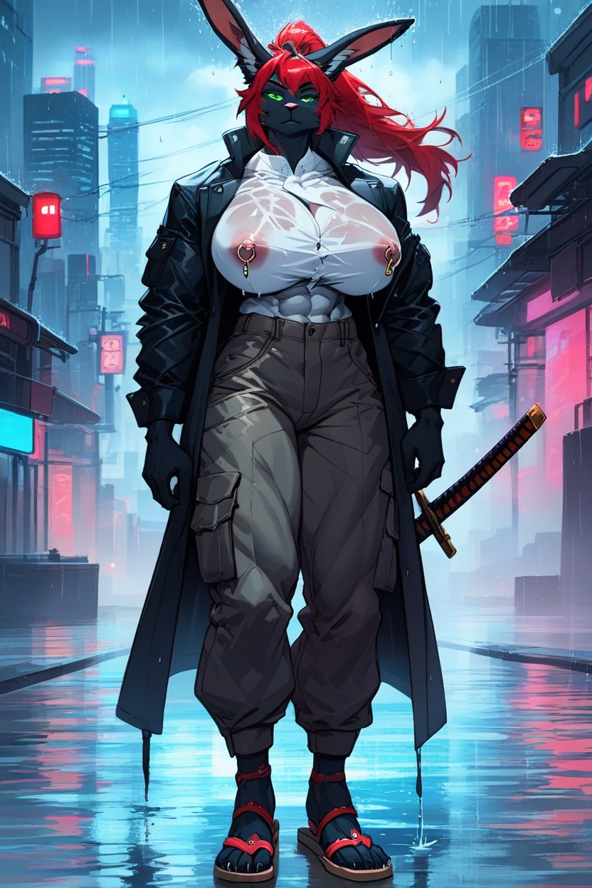 Muscular, Black Fur, Bunny Woman Furry AI Porn