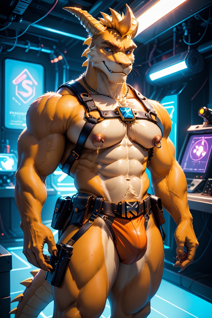Horny, Massive Pecs, Laser Gun Furry AI Porn