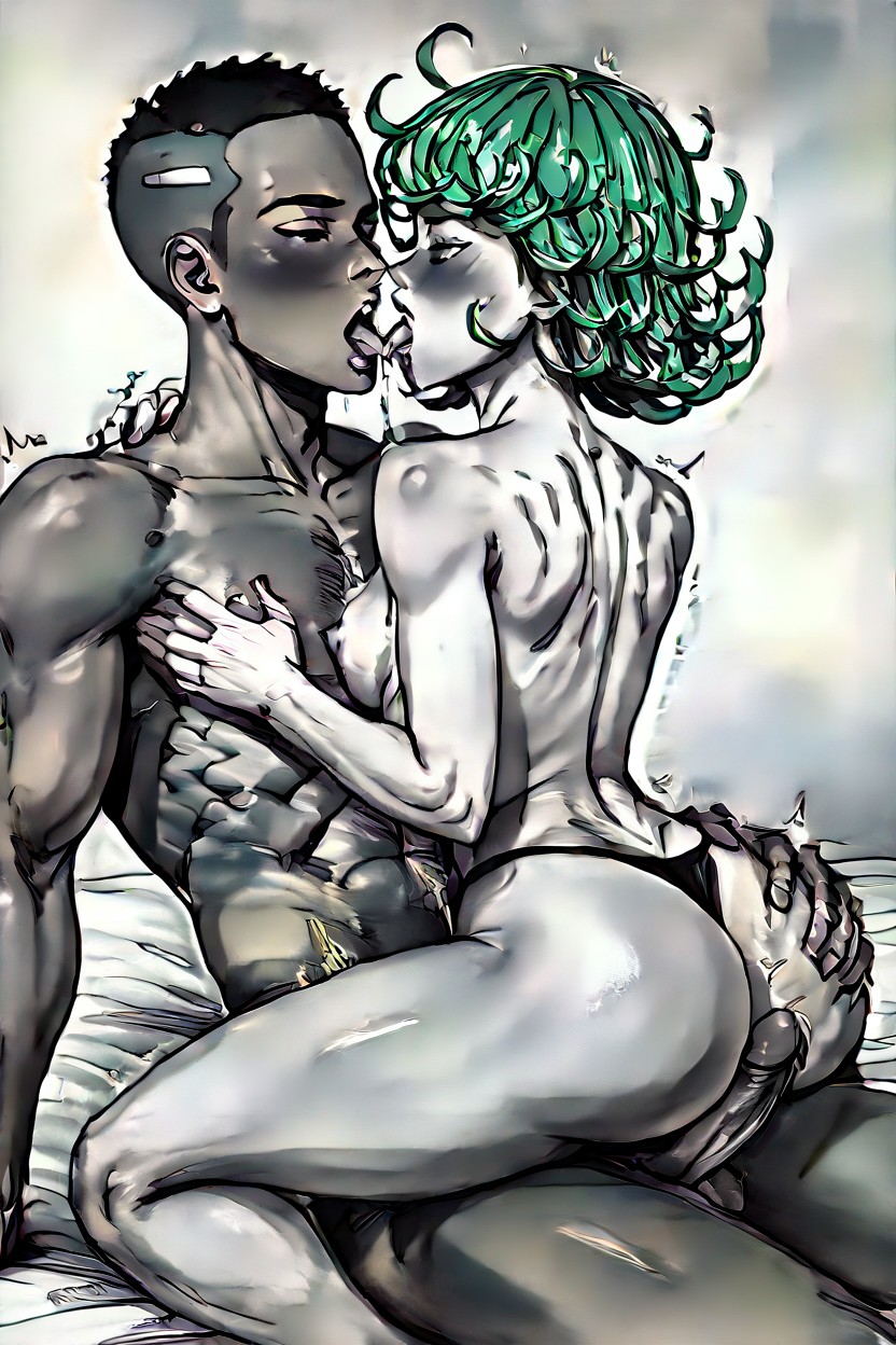 Tatsumaki Sloppily Tongue Kissing Faceless African Male And Giving Him A Handjob, Saliva Trails, Anime Style Hentai AI Porn