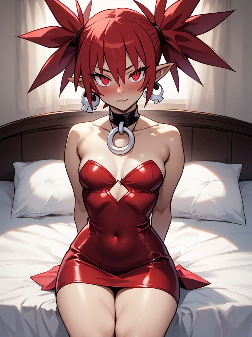 Sitting On Edge Of Bed, Red Dress, Detailed Face Hentai AI Porn