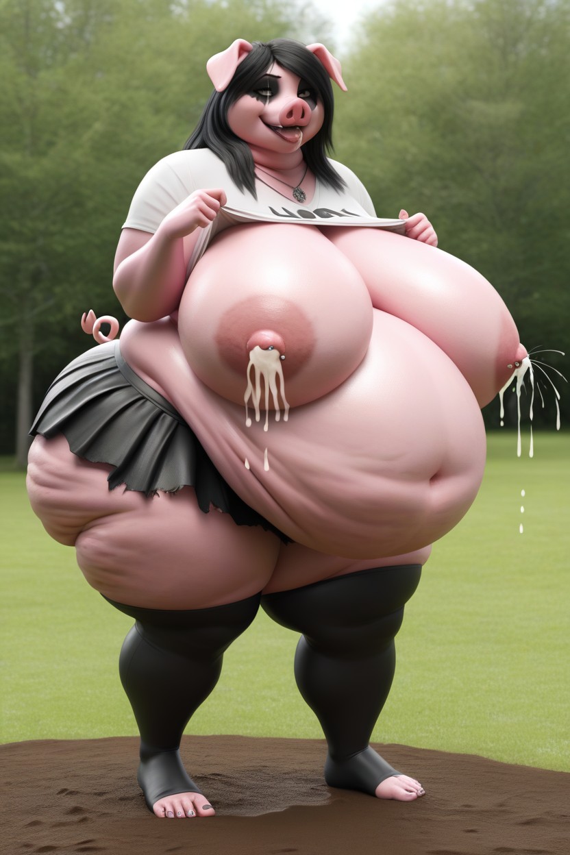 Detailed Anthro Hupig Transformation, Transforming Hupig Body, Hyper Hupig Boobs Spilling Over Extremely Tight Shirt Furry AI Porn