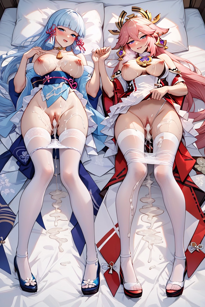 Excessive Lactation, On Pink Bed, Happines Faces Hentai AI Porn