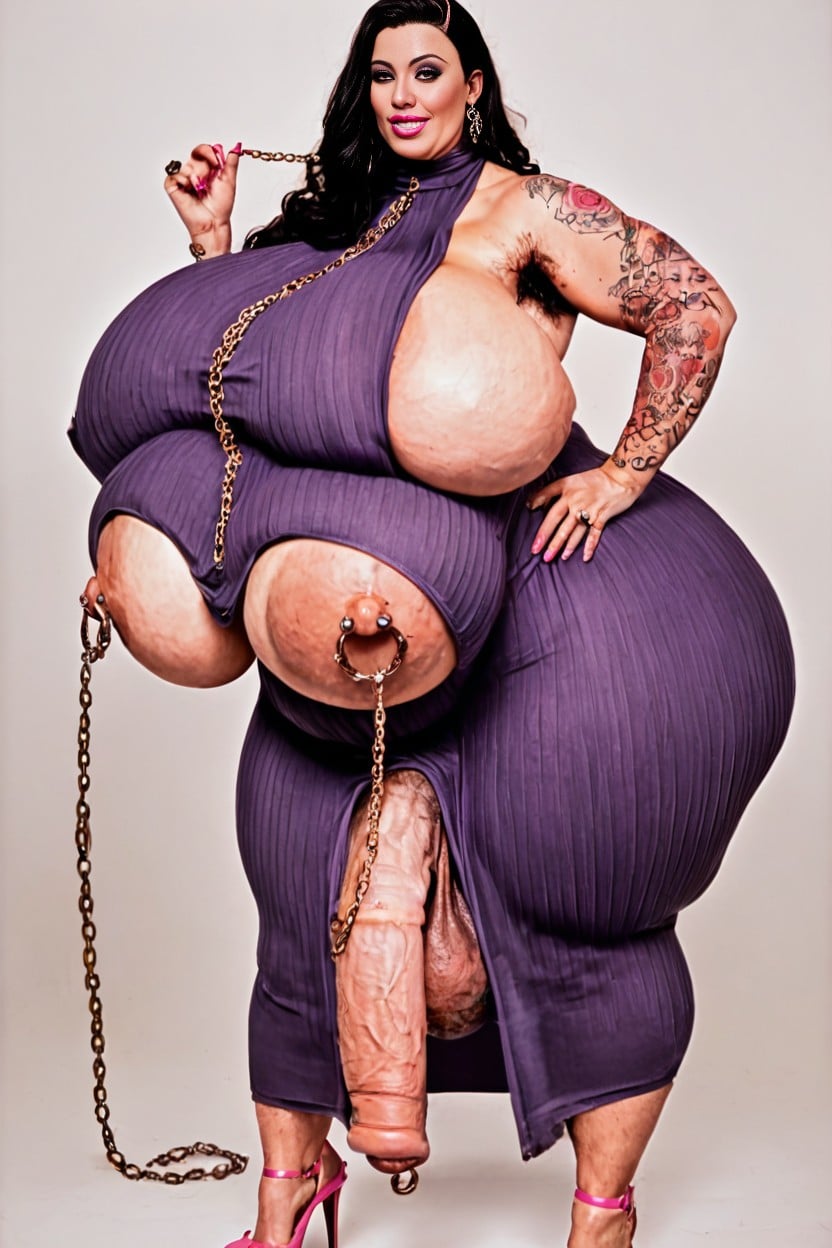 Extra Row Of Massive Breasts, Chains On Piercings, Pink Nails Shemale AI Porn