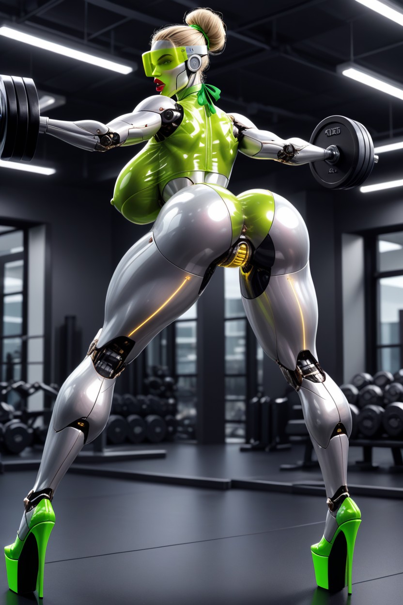 At Her Crotch Attached Completely Metallic Robot Penis Is Very Erect And Ejaculating, Ejaculating Huge Load, Lifting Single Hand Dumbbells AI Porn