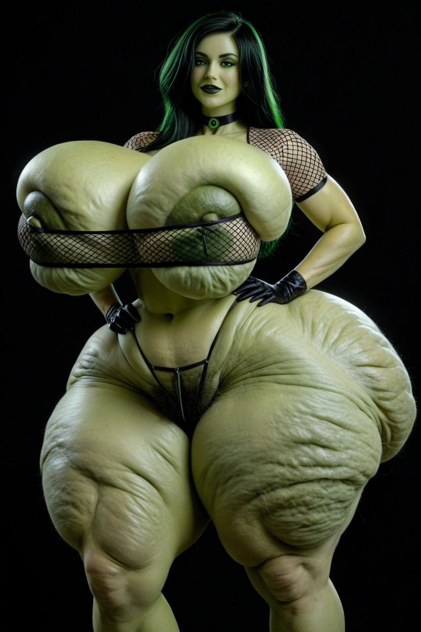 Dangling Saggy Breasts, Green Skin, Tight Black Nylon Nippleless Fishnet Crop Top AI Porn