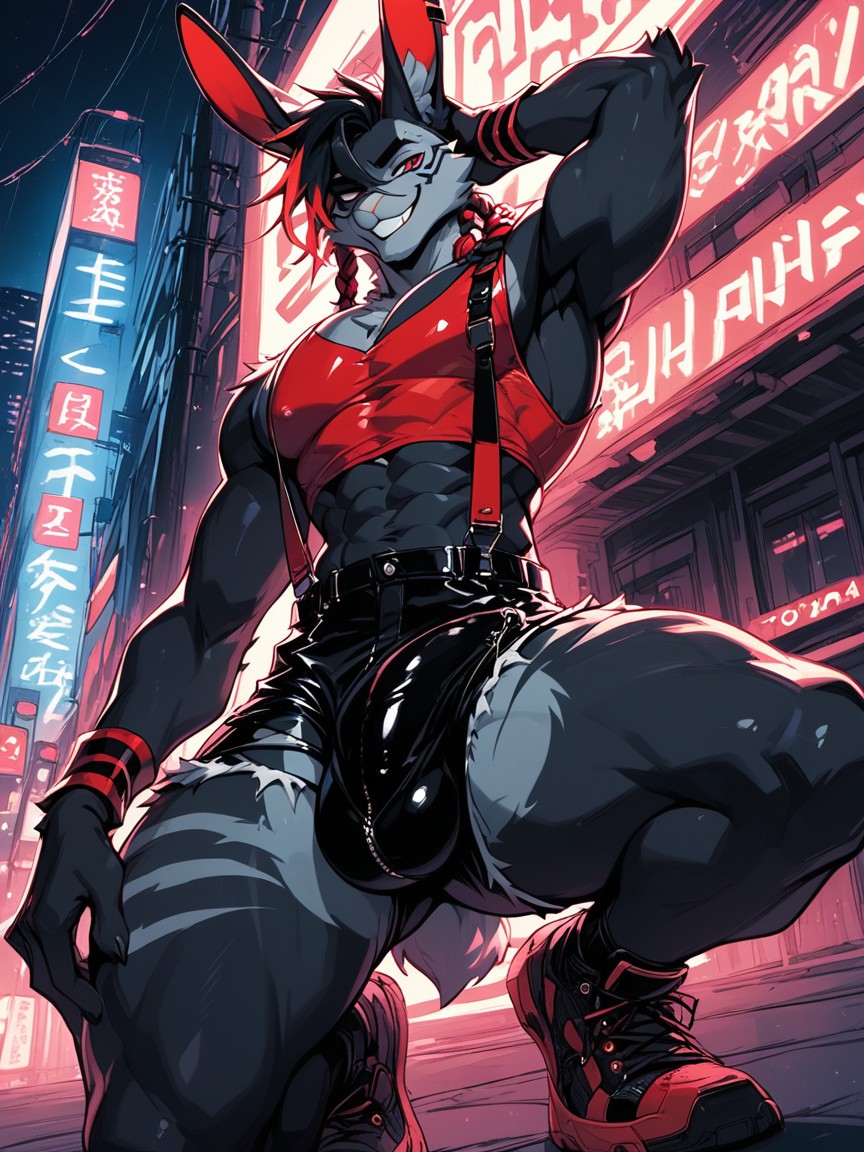 Smug Expression, Very Wide Hips, Cyberpunk City Furry AI Porn