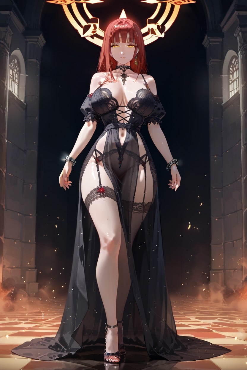 Wide Hips Wearing Dark Red Lace Lingerie, Curvy Hourglass Figure, Large Bust Hentai AI Porn