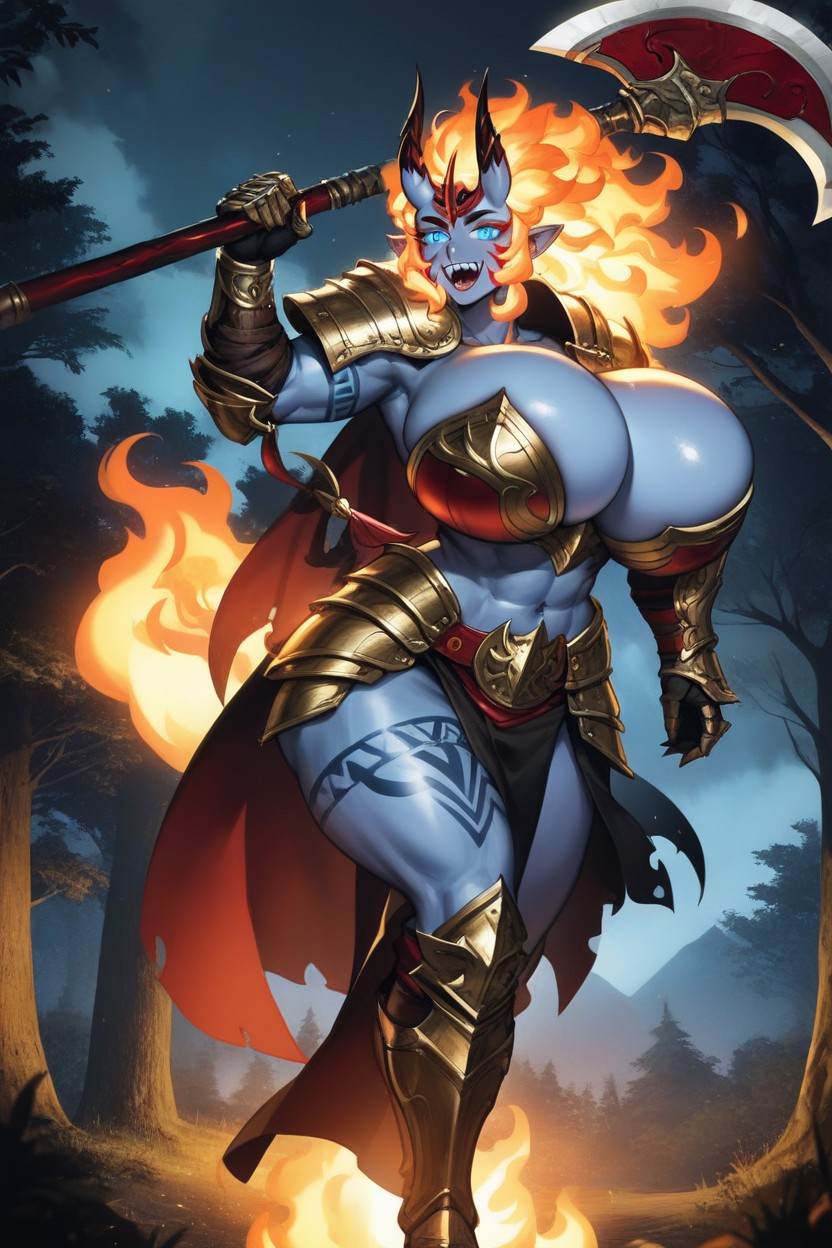 Grinning, Dark Red Knee High Armor Boots With White Fur, Exposed Waist Hentai AI Porn
