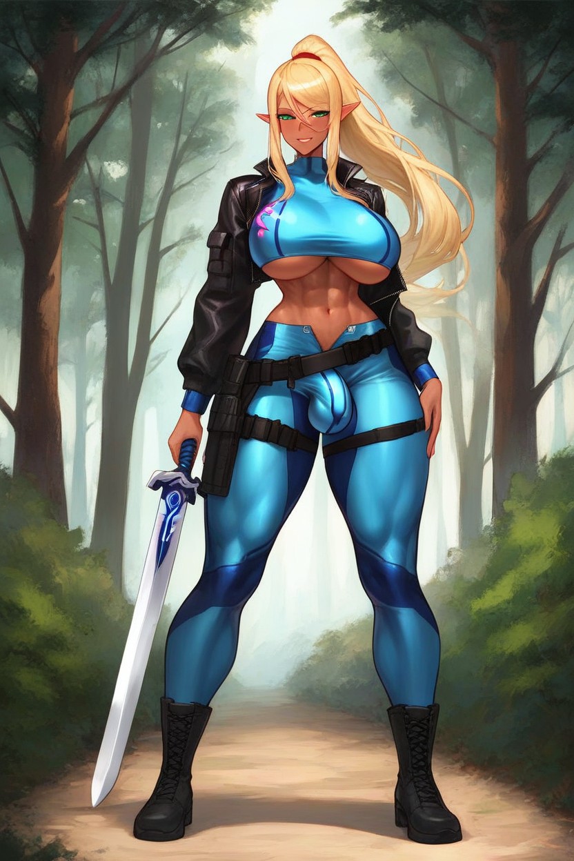 Futanari Samus Aran, Posing With Sword, Wet Clothes Shemale AI Porn
