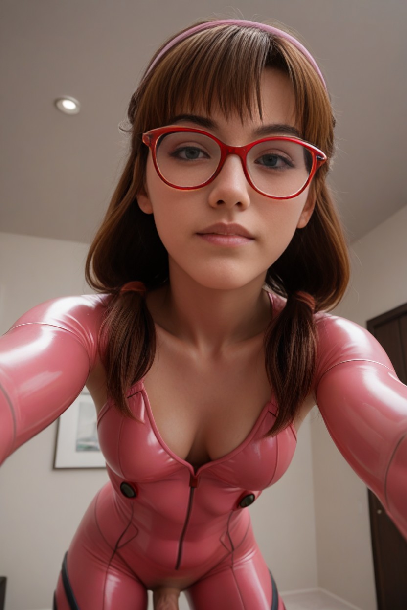 Wearing A Pink Plugsuit, Low Angle, Wearing Oval Red-rimmed Glasses Shemale AI Porn