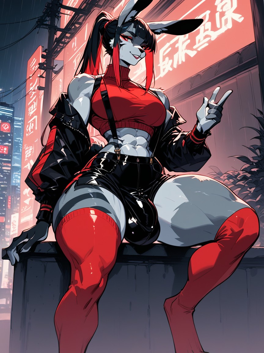 Black Hair With Red Highlights, Crimson Thigh High Socks, Gay Furry AI Porn