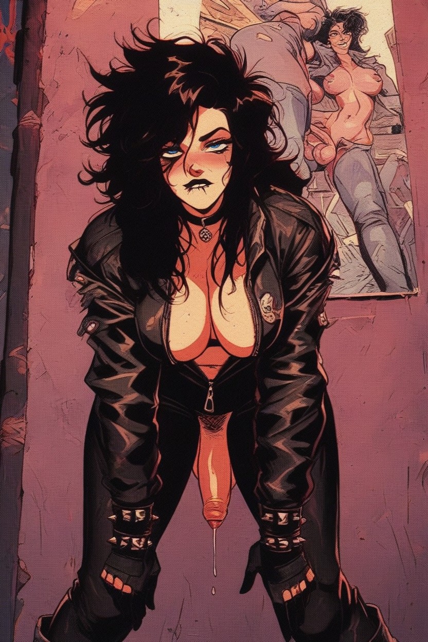 Blue Eyes, Size A Cup Breasts, Looking At Biker Shemale AI Porn
