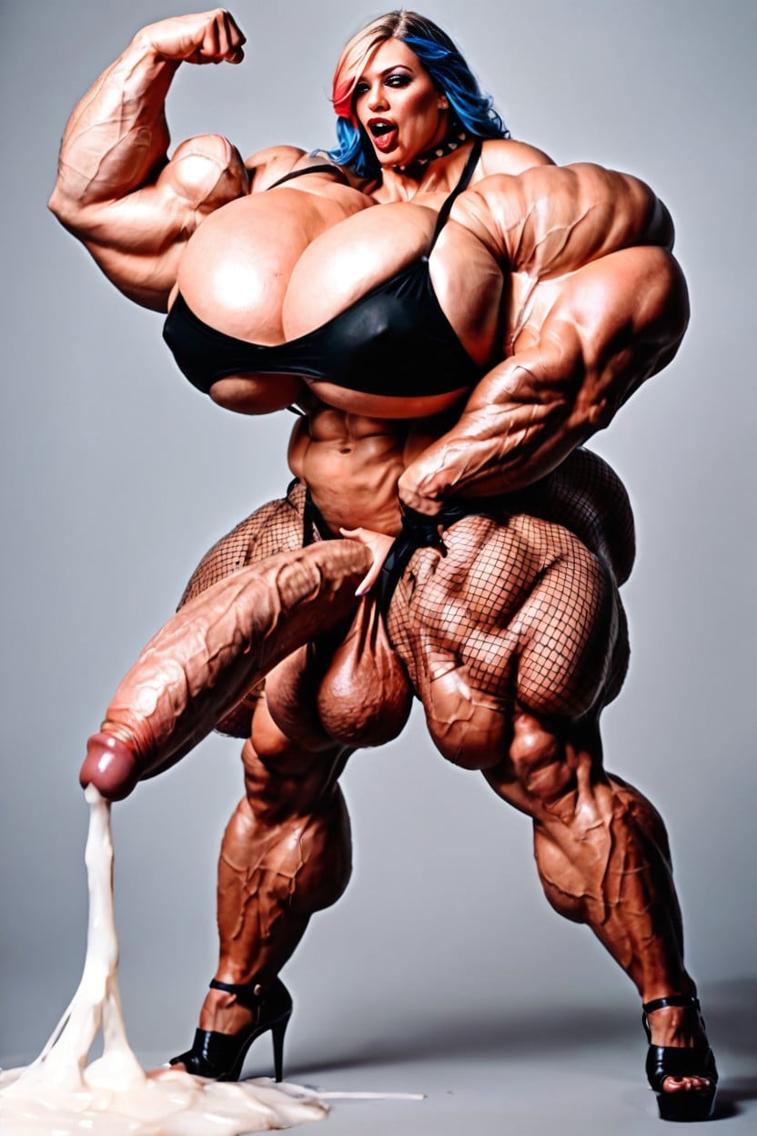 Exagerated Muscles, Flexing One Arm, Swollen Veins On All Body Shemale AI Porn