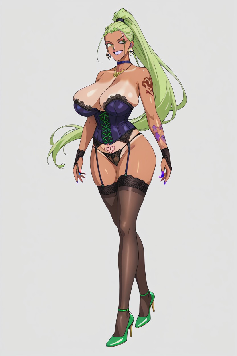 Green Hair, Rounded Ass, Earrings Hentai AI Porn