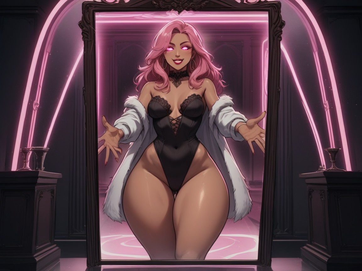 White Fur Coat, Wearing Pink Glow In The Dark Clothes With Fur Trim, Bright Red Lipstick Latina AI Porn