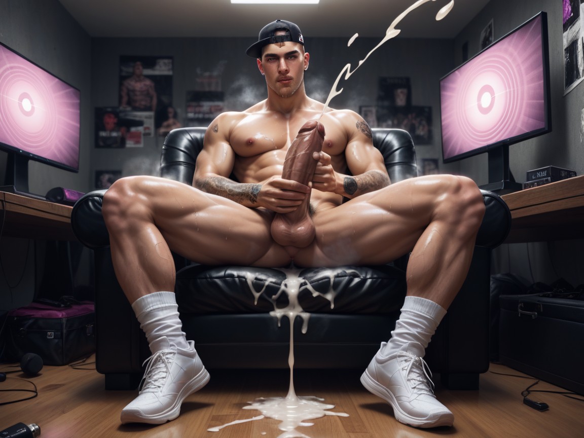 Partially Retracted Foreskin, Dark Hair, 뷰어를 보면서 게이 AI 포르노