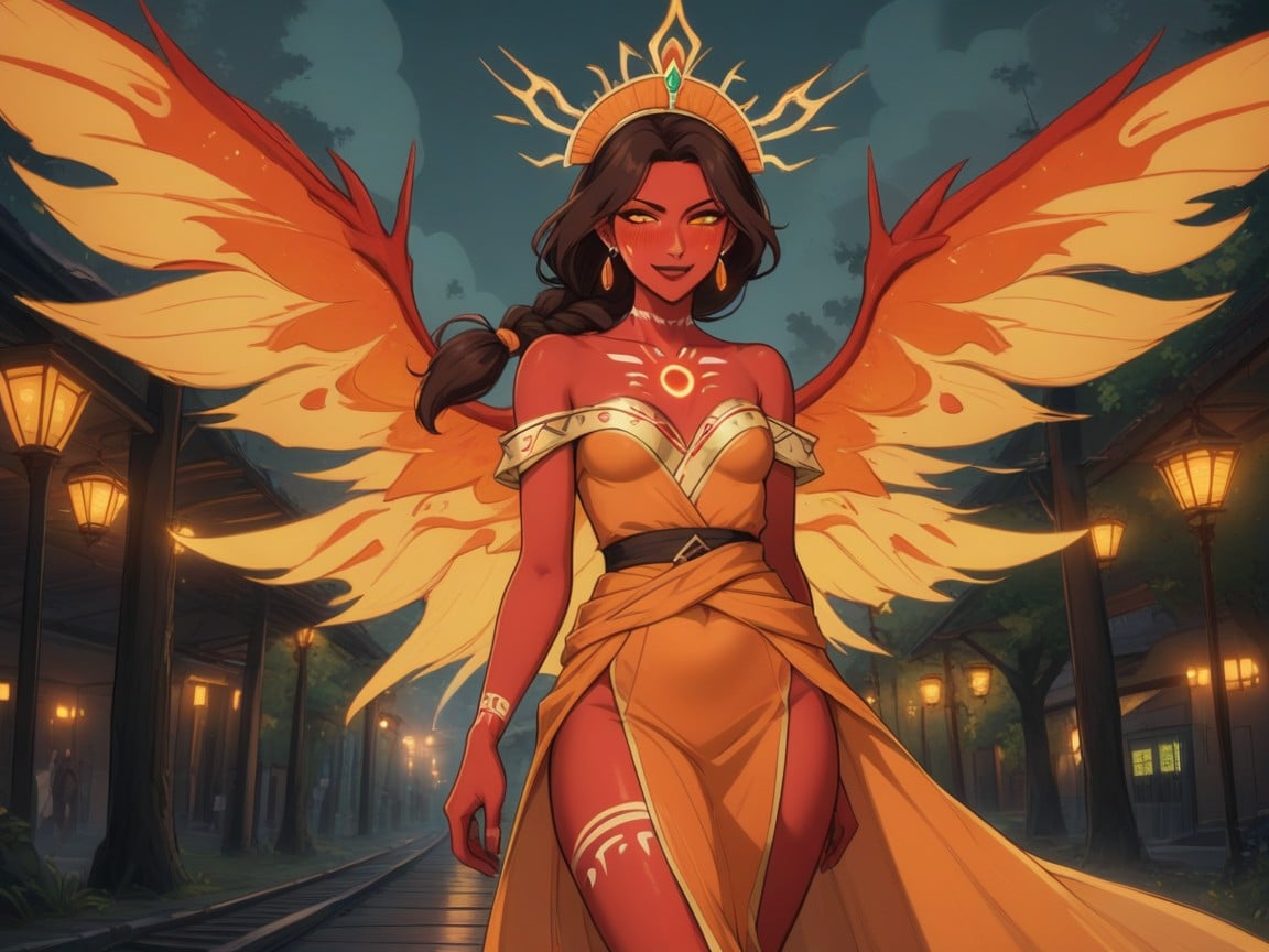 Heavy Neon Orange Fog In Background, Large Antler Headdress, Sloped Shoulders Latina AI Porn