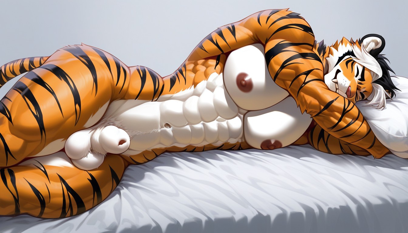 Hugging Pillow, Tiger, Huge Pecs Furry AI Porn